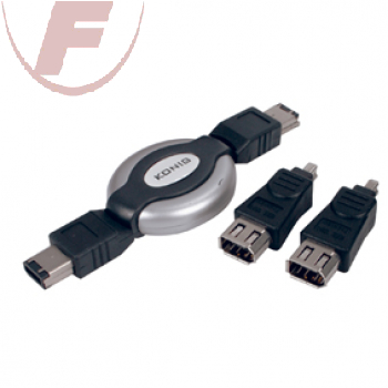 Aufrollbares Firewire-Kabel, 1,2m, 6-pol. Stecker > 6-pol. Stecker mit 2 Adap