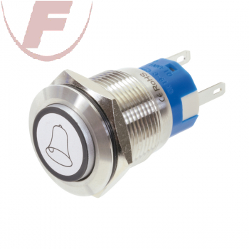 Metalltaster, 1x UM, 250V/5A, IP67, Ringbeleuchtung, Klingelsymbol weiss